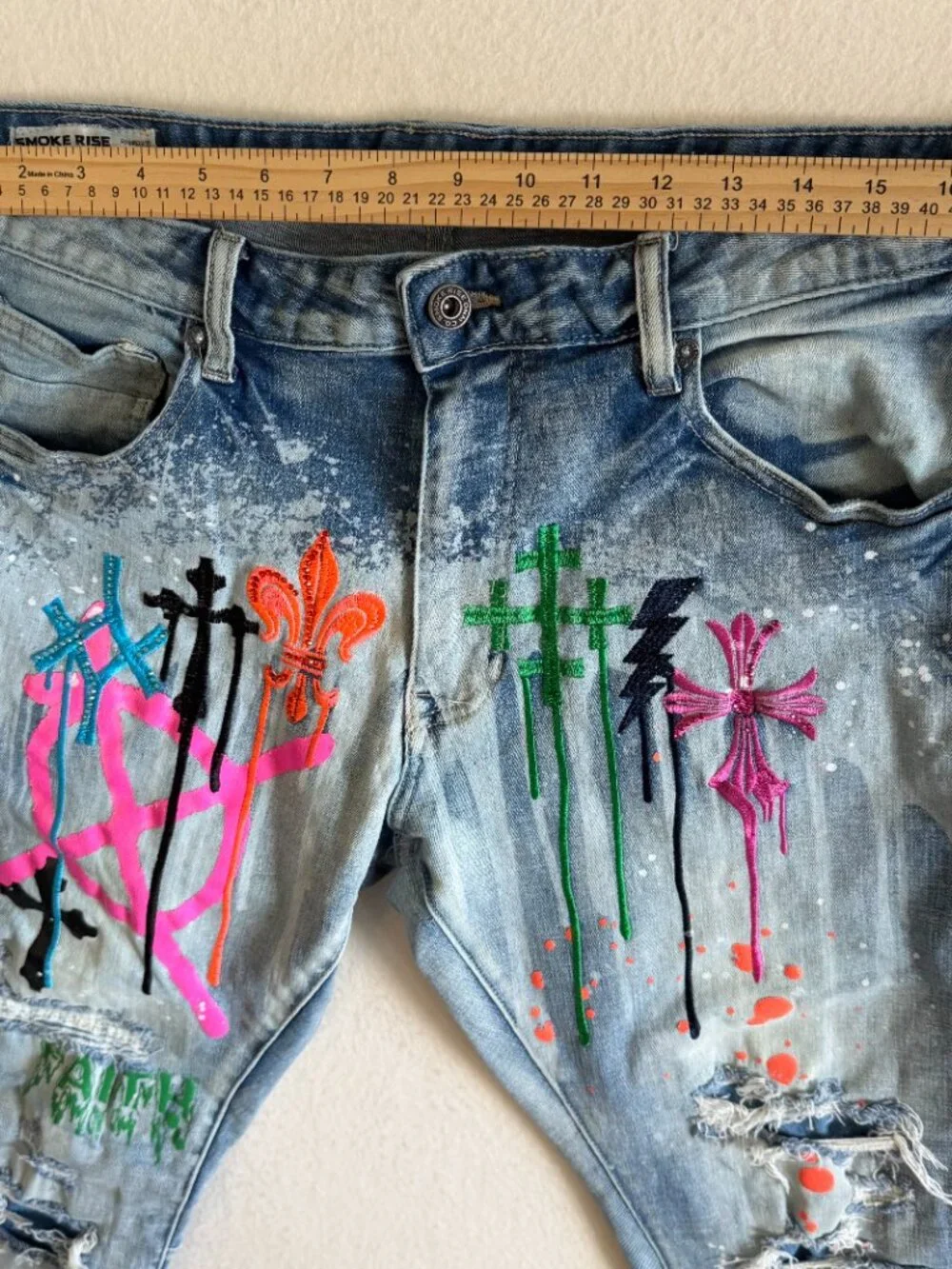 Smoke Rise Jeans Men’s 36X32 Distressed Graffiti Paint Splatter Streetwear Goth